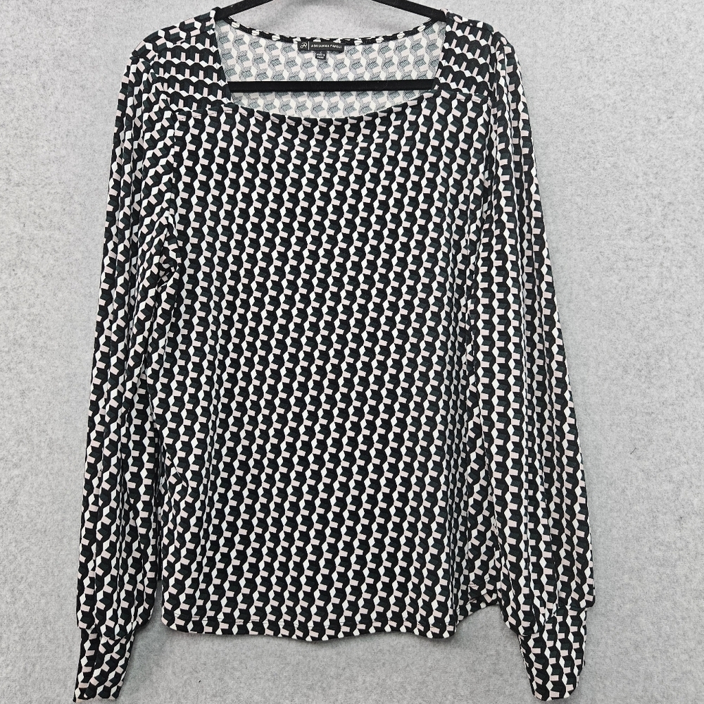 Adrianna‎ Papell Large Pink Green Geometric Balloon Sleeve Blouse Women's
